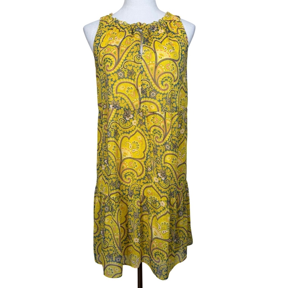 Loft Yellow Paisley Tiered Mini Dress S Sleeveless Ruffle Neck Boho Lined